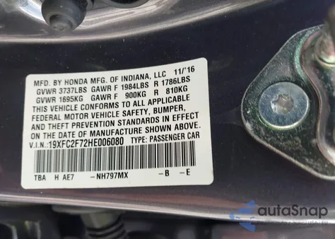 2017 Honda Civic Ex from USA, damaged, VIN 19XFC2F72HE006080